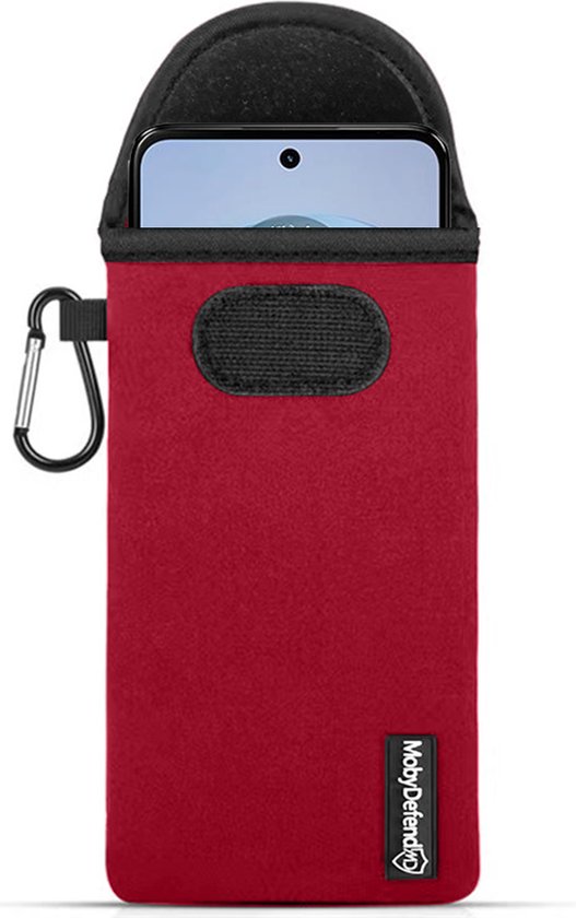 Hoesje voor Motorola Moto G34 - MobyDefend Neopreen Pouch Met Karabijnhaak - Insteekhoesje - Riemlus Hoesje - Rood - GSM Hoesje - Telefoonhoesje Geschikt Voor Motorola Moto G34