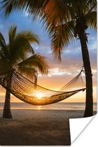 Hangmat op het Caribische strand Poster 120x180 cm - Foto print op Poster (wanddecoratie) XXL / Groot formaat!