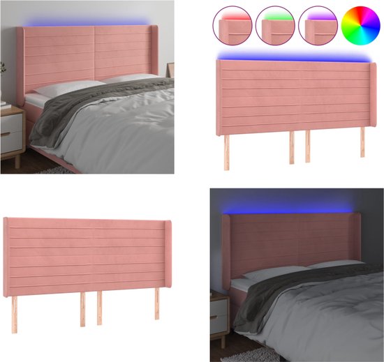 vidaXL Hoofdbord LED 203x16x118/128 cm fluweel roze - Hoofdbord - Hoofdborden - Hoofdeinde - Houten Hoofdbord