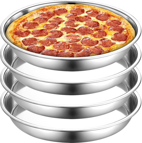 Foto: 4 stuks 33 cm roestvrijstalen pizzapan diepe ronde bakvorm grote pizzabakplaat robuuste pizzaschaal antiaanbaklaag bakplaat voor oven vaatwasmachinebestendig