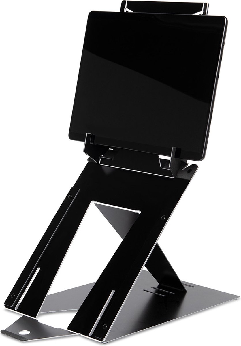 R-Go Riser Duo, tablet and laptop stand in 1, adjustable folding notebook stand, Hylite aluminium, compatible with laptop/tablet (10- 22 inches), black