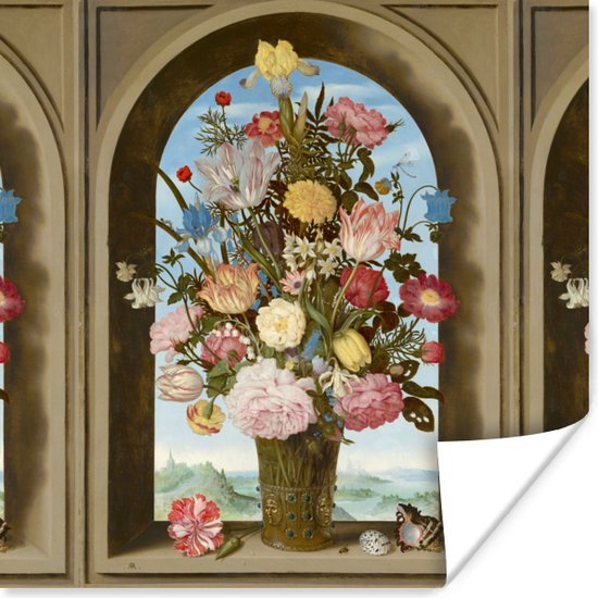 Poster Vaas met bloemen in een venster - Schilderij van Ambrosius Bosschaert de Oude - 75x75 cm