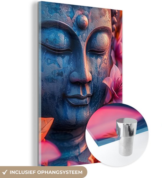 MuchoWow® Glasschilderij 20x30 cm - Schilderij acrylglas - Boeddha - Portret - Bloemen - Buddha - Beeld - Foto op glas - Muurdecoratie woonkamer - Wanddecoratie slaapkamer - Schilderijen