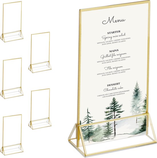Porte-cartes de menu Relaxdays A6 - lot de 6 porte-photos - porte-cartes - support de table en acrylique