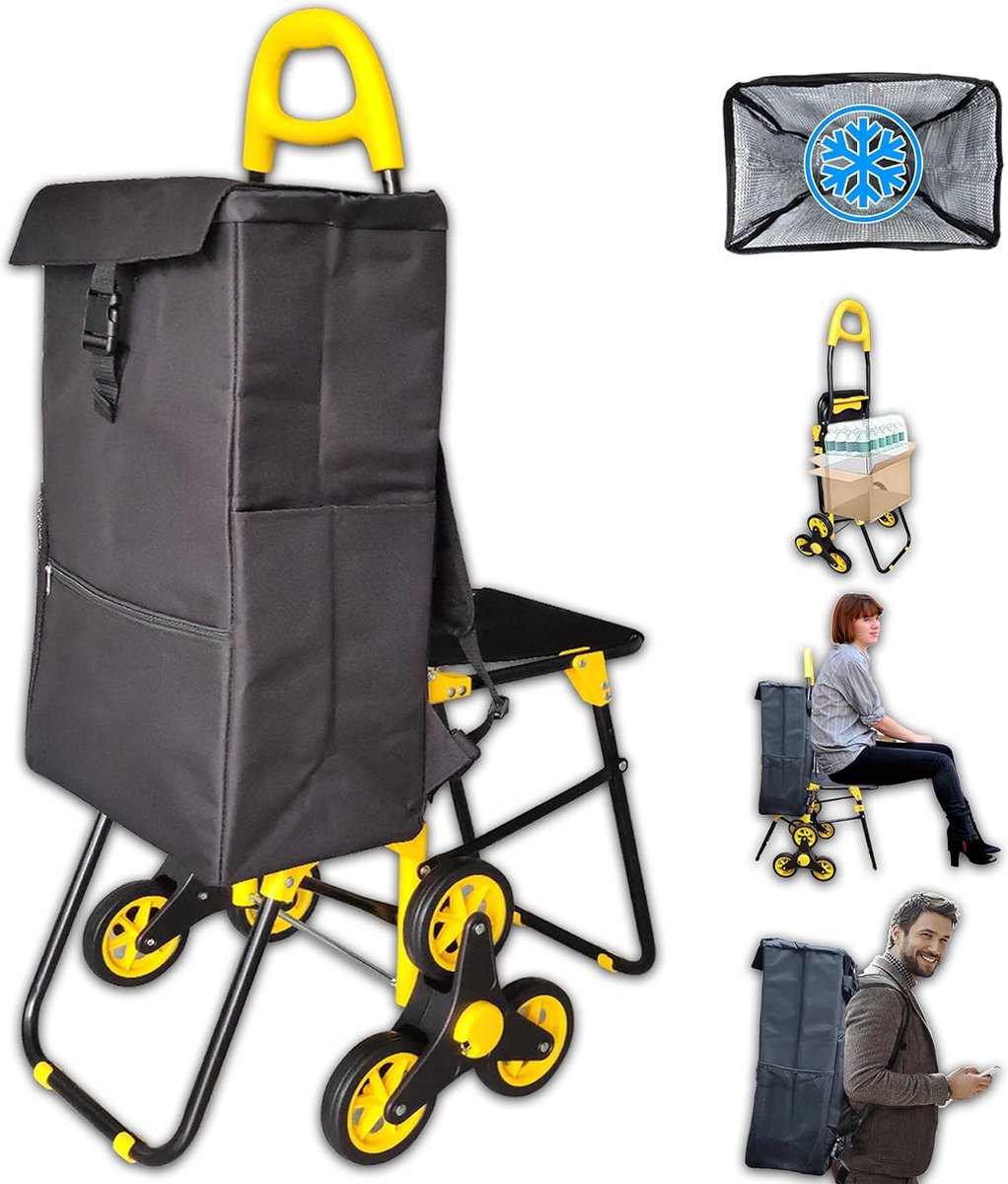 Bol.com Boodschappentrolley trapklimmer met koelvak en klapzitting, winkelwagen inklapbaar met 3 wielen, 40 l aanbieding