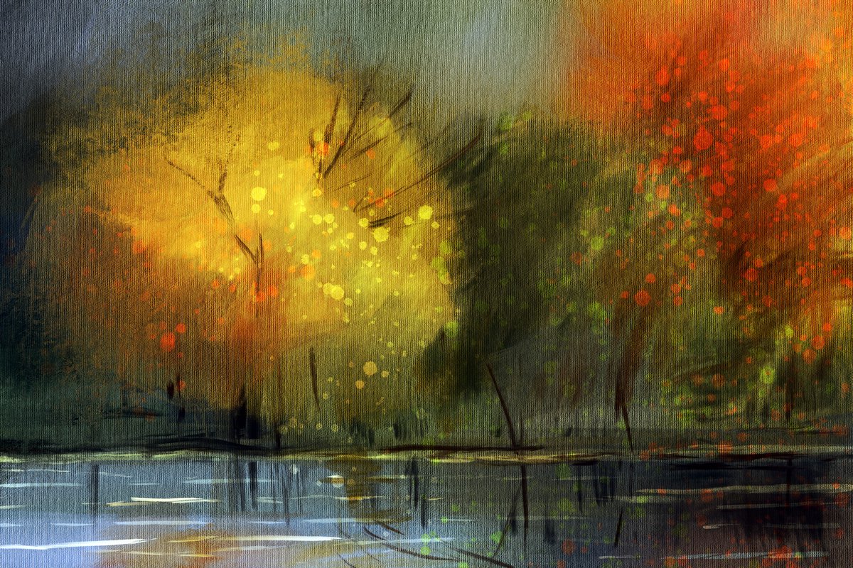 karo-art Schilderij - Herfstlandschap Abstract, Prachtige print op premium canvas, Wanddecoratie Multikleur