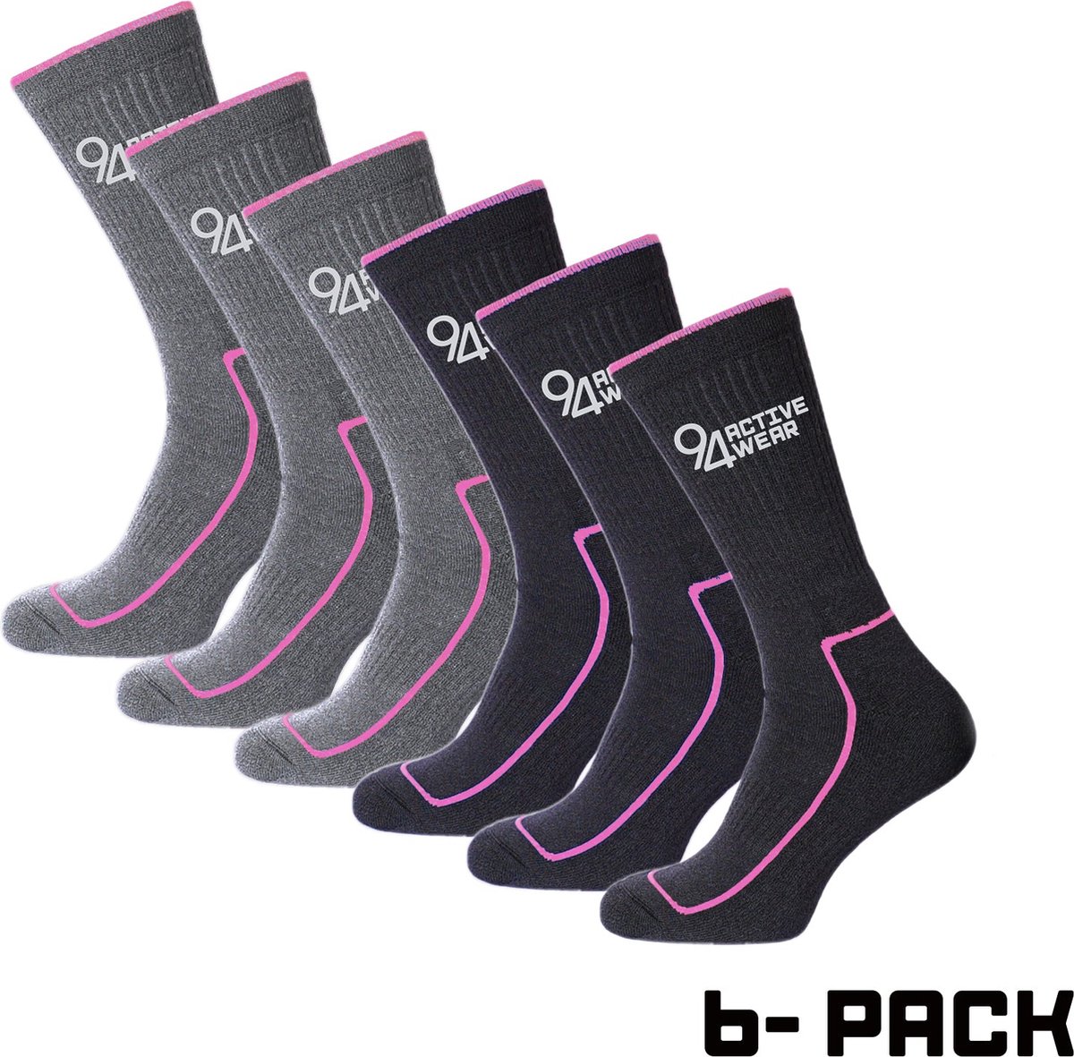 94activewear Merino Wol Sokken Dames 6 paar - Maat 39-42 - Thermosokken - 40% Merino Wol - Warme sokken - Zwart/Roze