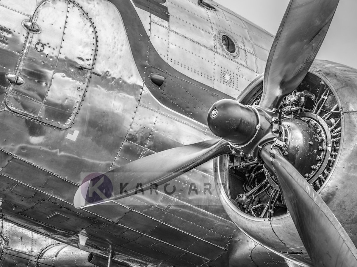 karo-art Schilderij - Vintage propeller vliegtuig , Zwart wit , 3 maten , Premium print Multikleur