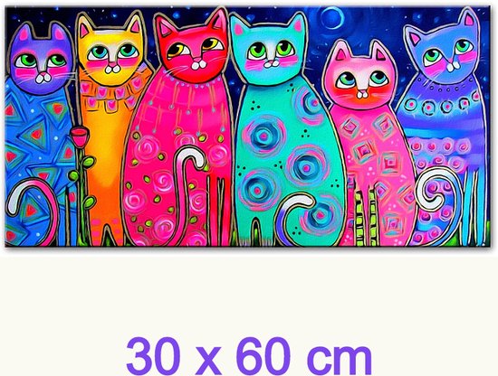 Allernieuwste.nl® Canvas Schilderij Kleurige Katten PopArt - Kunst - Dieren - Poster - 30 x 60 cm - Kleur