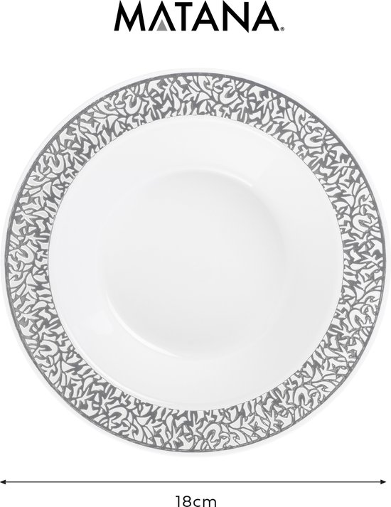 Een enkele witte schaal van 18cm met een zilverkleurig plantenpatroon langs de rand. Matana logo erboven.