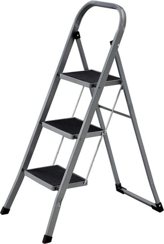 Foto: Klaptrap met 3 treden trapladder ladder 20 cm brede treden met anti slip rubberen matten anti slip voeten met leuning tot 150 kg belastbaar van staal grijs zwart