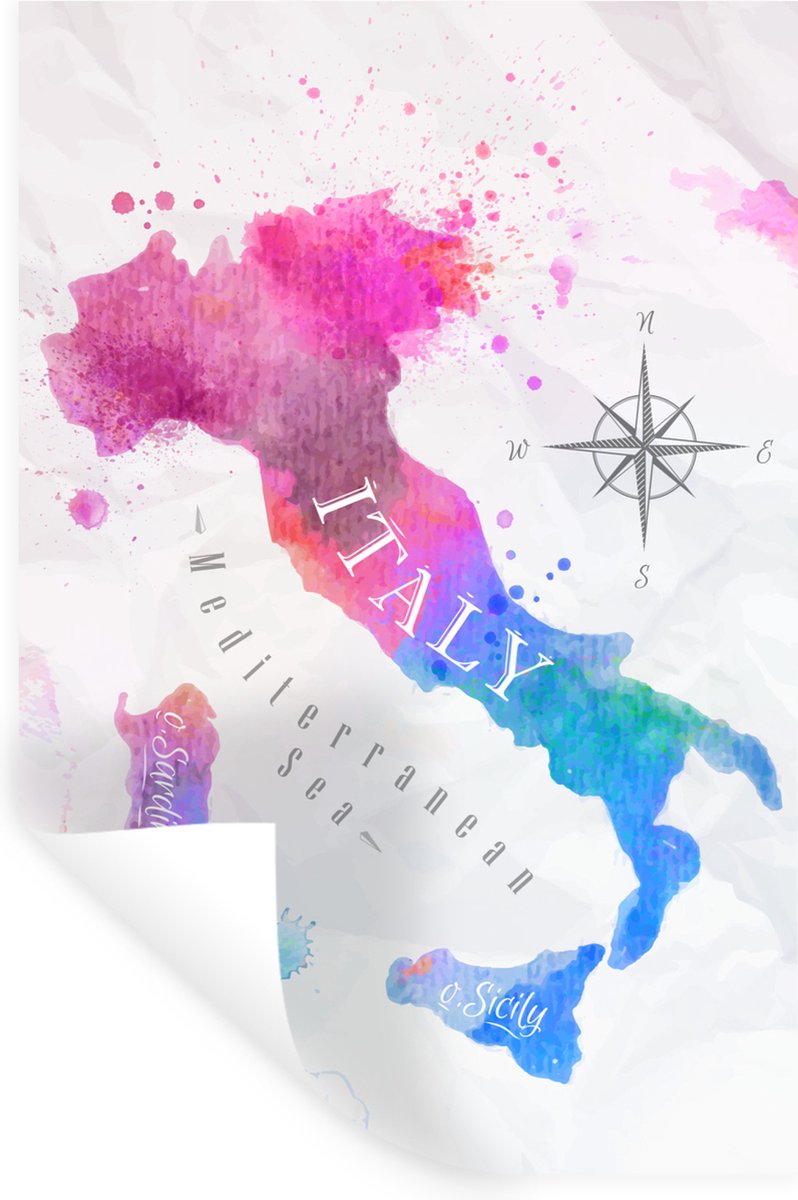 Muurstickers - Sticker Folie - Kaart - Waterverf - Italië - 20x30 cm - Plakfolie - Muursti