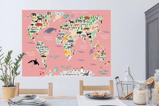 Muurstickers - Sticker Folie - Wereldkaart - Kinderen - Roze - Dieren - 120x90 cm - Plakfolie - Muurstickers Kinderkamer - Zelfklevend Behang - Zelfklevend behangpapier - Stickerfolie