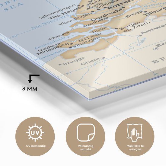 MuchoWow® Glasschilderij 30x40 cm - Schilderij acrylglas - Bruine kaart van Nederland - Foto op glas - Schilderijen