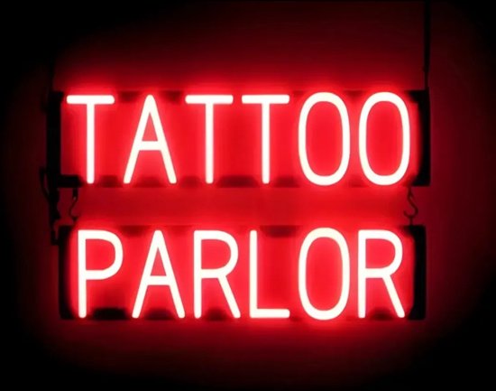 TATTOO PARLOR - Lichtreclame Neon LED bord verlicht | SpellBrite | 61 x 38 cm | 6 Dimstanden - 8 Lichtanimaties | Reclamebord neon verlichting