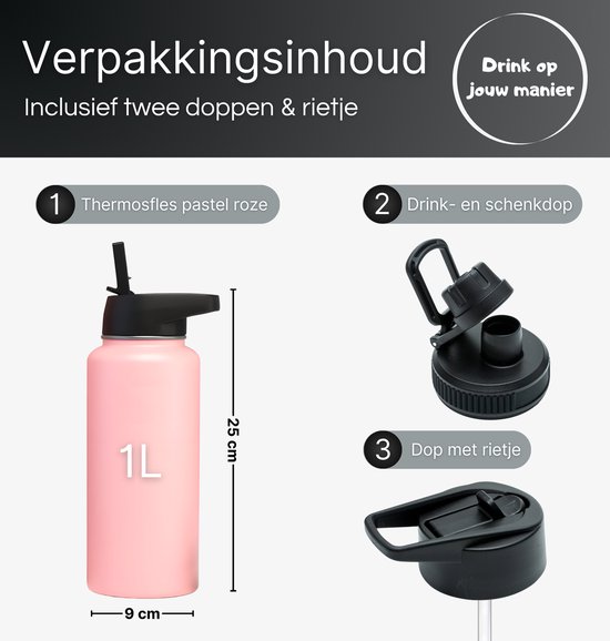 Gourde - Pink pastel - 1 litre - Bouchon Extra avec paille et bec verseur - Gourde avec paille - Bouteille isotherme - Sans BPA - Étanche