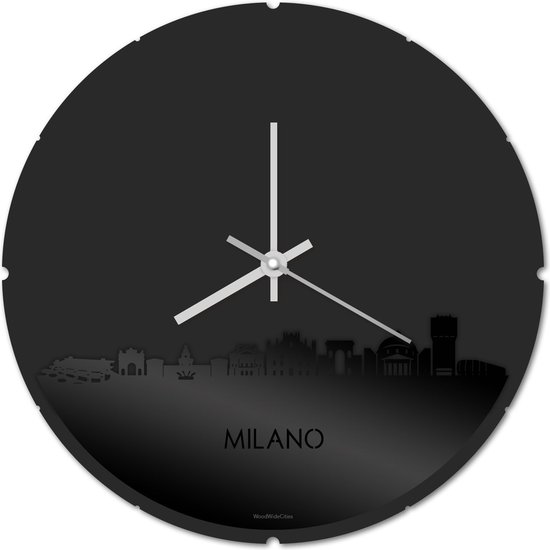 Skyline Klok Rond Milano Zwart Glanzend - Ø 44 cm - Stil uurwerk - Wanddecoratie - Meer steden beschikbaar - Woonkamer idee - Woondecoratie - City Art - Steden kunst - Cadeau voor hem - Cadeau voor haar - Jubileum - Trouwerij - Housewarming -