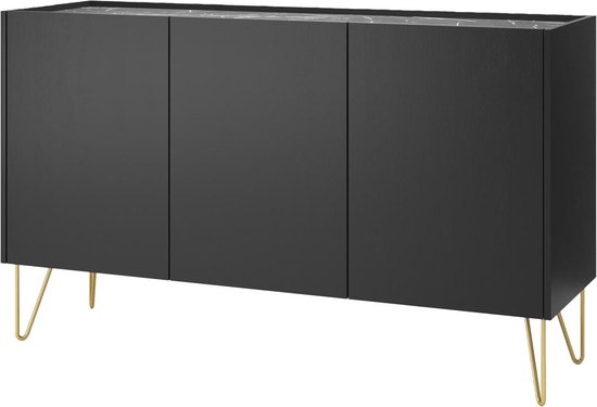 PASCAL MORABITO Buffetkast met 3 deuren - Zwart, zwart marmereffect en goudkleurig - PIOLUN - van Pascal Morabito L 144 cm x H 83 cm x D 37 cm