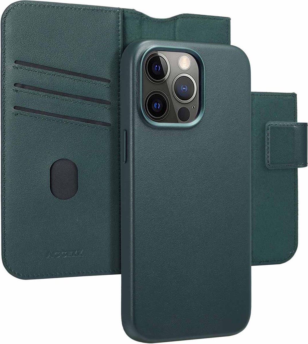 Accezz Hoesje Geschikt voor iPhone 15 Pro Max Hoesje Met Pasjeshouder - Accezz Leather Bookcase 2-in-1 Geschikt voor MagSafe - donkergroen