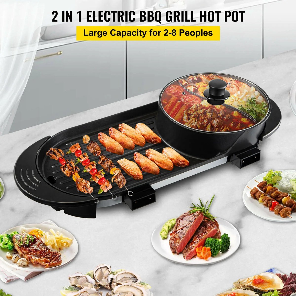 VEVOR Chinese fondue-apparaat met 2-in-1 grill, elektrische hot pot, 1800 W, elektrische fondue met aparte dubbele temperatuurregeling, anti-aanbakpan, voor Koreaanse barbecue, Shabu Shabu Hotpot