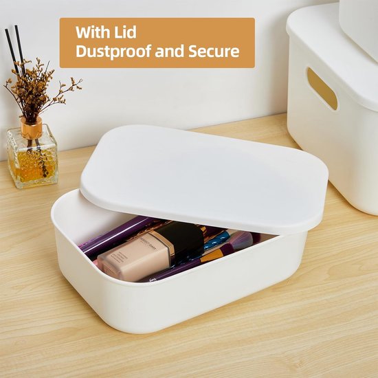 RMAN Set van 4 opbergdozen met deksel, 15 L, kunststof (PP), organizer, stapelbare dozen voor kantoor, kledingkast, keuken, wit