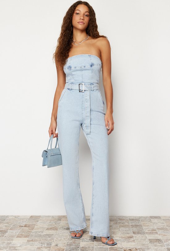 Trendyol Lichtblauwe Strapless Denim Jumpsuit Met Riem Twoss24Tu00023