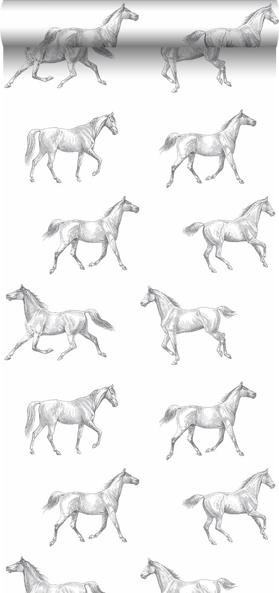 Walls4You behang paarden grijs en wit - 935281 - 53 cm x 10,05 m