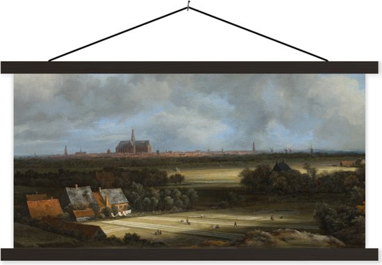 Posterhanger incl. Poster - Schoolplaat - Gezicht op Haarlem met bleekvelden - Schilderij van Jacob van Ruisdael - 60x30 cm - Zwarte latten