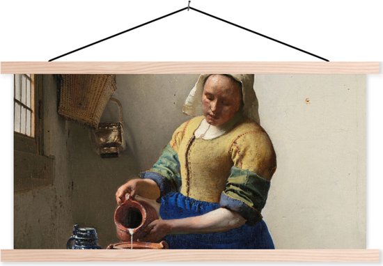 Posterhanger incl. Poster - Schoolplaat - Het melkmeisje - Schilderij van Johannes Vermeer - 150x75 cm - Blanke latten