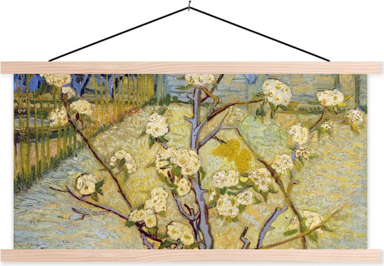 Posterhanger incl. Poster - Schoolplaat - Perenboompje in bloei - Vincent van Gogh - 150x75 cm - Blanke latten