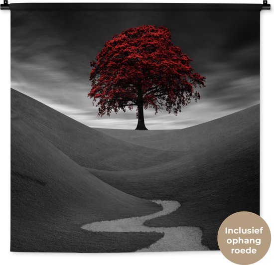 Wandkleed - Wanddoek - Zwart-wit foto met een rode boom - 90x90 cm - Wandtapijt