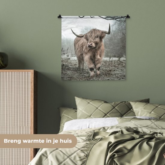 Tenture murale - Tissu mural - Scottish Highlander - Forêt - Brouillard - 60x60 cm - Tapisserie