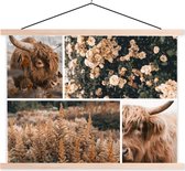 Posterhanger incl. Poster 150x113 cm - Schoolplaat - Schotse hooglander - Bloemen - Planten - Textielposter - Blanke latten