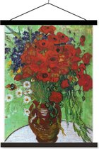Posterhanger incl. Poster 40x53 cm - Schoolplaat - Vaas met rode papavers en madeliefjes - Vincent van Gogh - Textielposter - Zwarte latten