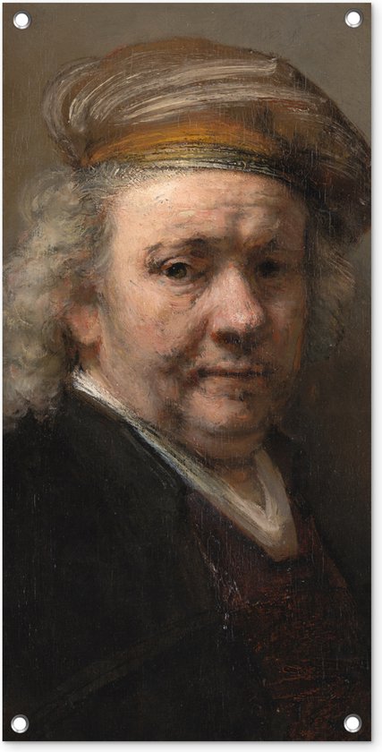 Tuinposter Zelfportret - Schilderij van Rembrandt van Rijn - 40x80 cm - Wanddecoratie Buiten - Tuinposter - Tuindoek - Schuttingposter - Tuinschilderij