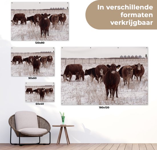 Affiche de jardin Troupeau de vaches dans un champ de neige 120x80 cm - Toile de jardin / Toile d'extérieur / Peintures d'extérieur (décoration de jardin)