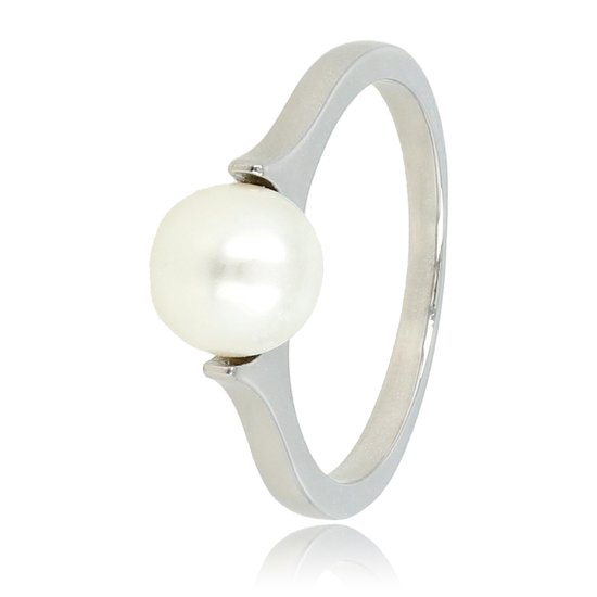 My Bendel - Ring zilver met grote witte parel - Zilveren aanschuifring met grote witte parel - Met luxe cadeauverpakking