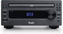 Zwart micro-stereosysteem met cd-lade, display met 'DAB' en draaiknop. Teufel logo zichtbaar.