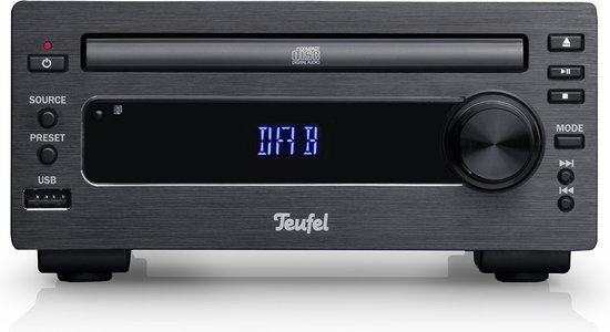 Zwart micro-stereosysteem met cd-lade, display met 'DAB' en draaiknop. Teufel logo zichtbaar.