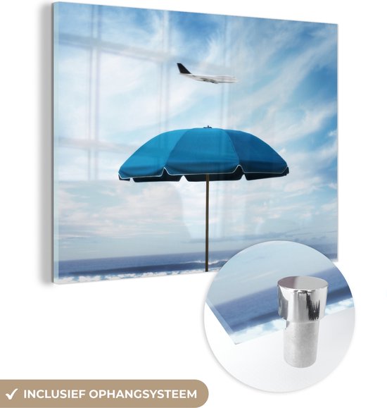 MuchoWow® Glasschilderij 80x60 cm - Schilderij acrylglas - Parasol - Wolken - Blauw - Foto op glas - Schilderijen