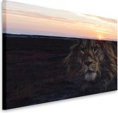 Schilderij - Leeuw en zonsondergang, prachtig schilderij in 2 beelden, voor woonkamer en slaapkamer, 2 maten, dieren