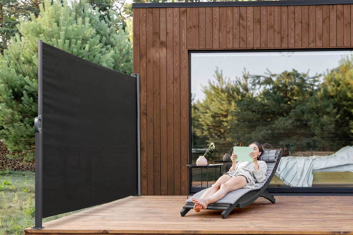 Bol.com 909 OUTDOOR Uitschuifbaar Zonne-/Windscherm - Zwart - 170x300 cm - Weer- & UV-bestendig - Roll-back aanbieding
