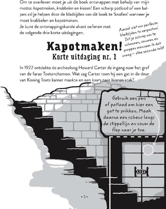 Korte uitdaging nr. 1: Kapotmaken! Een boekpagina met uitleg en illustraties over het forceren van een deur.