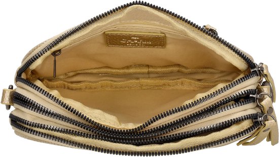 Gouden crossbodytas met meerdere ritsvakken en binnenvoering.