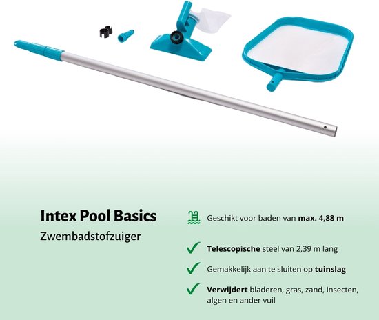 Intex zwembadstofzuiger met telescopische aluminium steel van 2.39m, zuigmond, schepnet en aansluiting voor tuinslang.