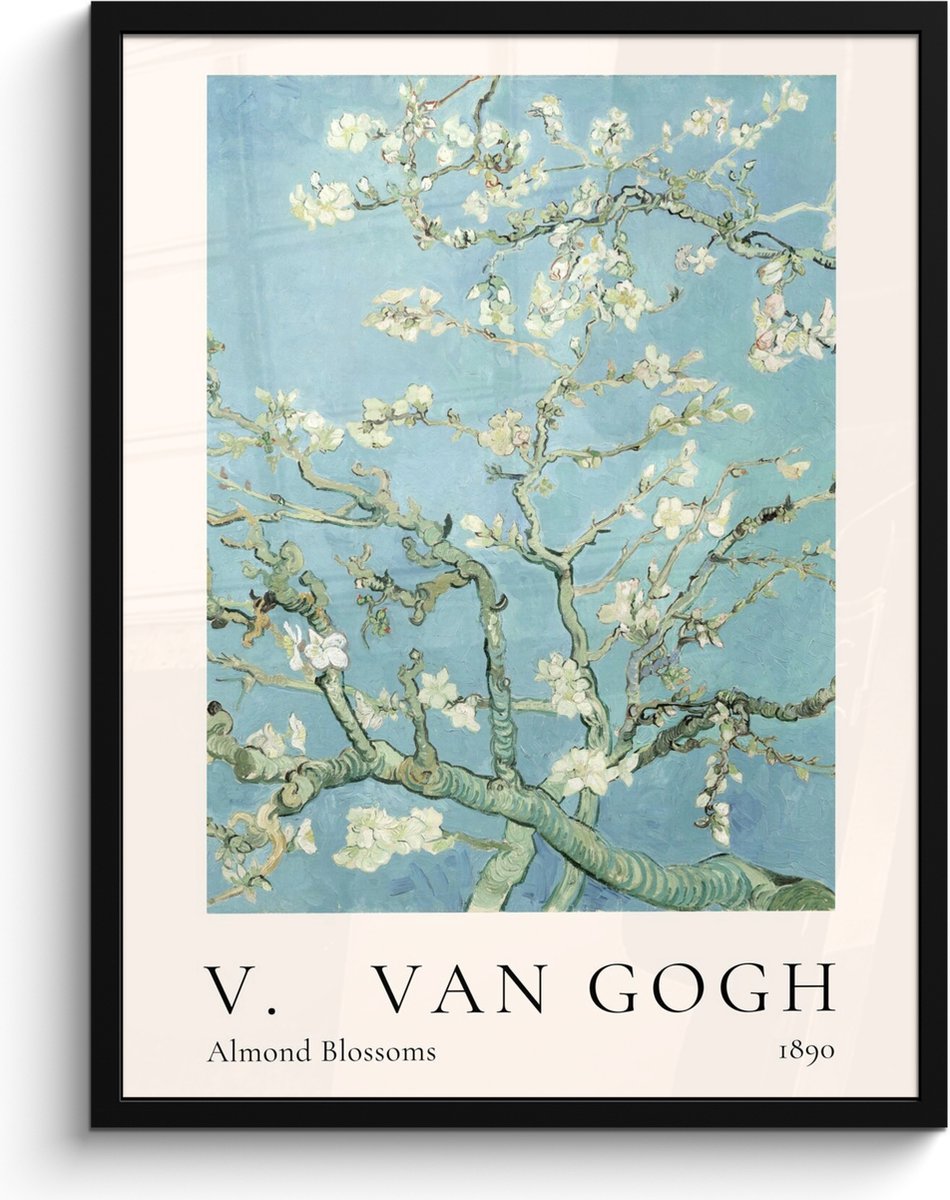 FrameYourWall Poster in lijst - Fotolijst 60x80 cm - Posters - Vincent van Gogh - Almond Blossoms - Kunst - Oude meesters - Amandelbloesem - Posterlijst zwart - Decoratie - Wanddecoratie woonkamer - Muurdecoratie slaapkamer