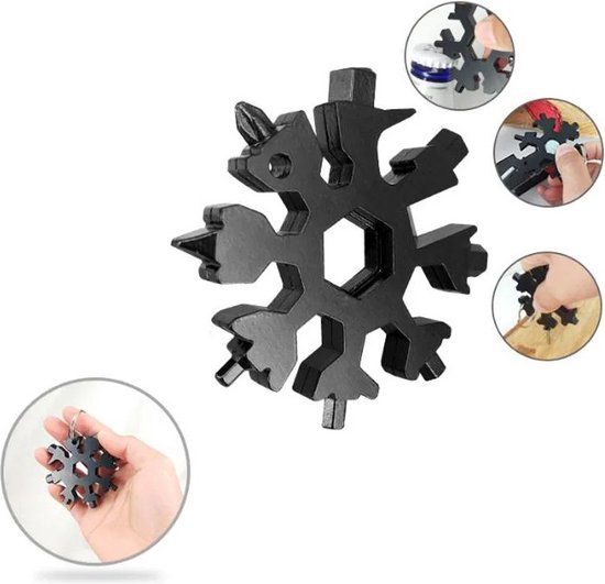 Sneeuwvlok Sleutelhanger - Gereedschap - 18-in-1 multi-tool - Ringsleutel - Sneeuwvlok - Moersleutel - Fietsgereedschap - Flessenopener - Zwart - LOUZIR