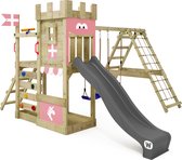 WICKEY speeltoestel ridderkasteel DragonFlyer met schommel & pastelroze glijbaan, outdoor kinderklimtoren met zandbak, ladder & speelaccessoires voor de tuin