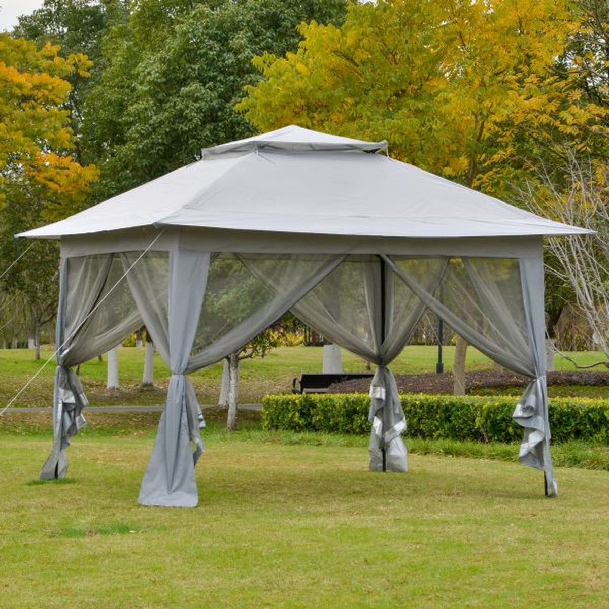 ZAZA Home Vouwing Pavilion Pop-Up Tent Garden Pavilion inclusief roltas staal+Oxford+mesh grijs 3.64x3.64x2.94m