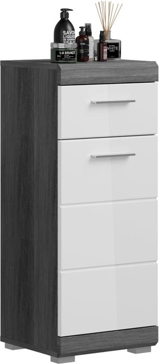 Staande Kast Scout Xonox - Smoke Silver & Wit Hoogglans - 37x88x31 Cm - Xonox - Badkamer Halfhoge Kast - Wit; Grijs - Spaanplaat